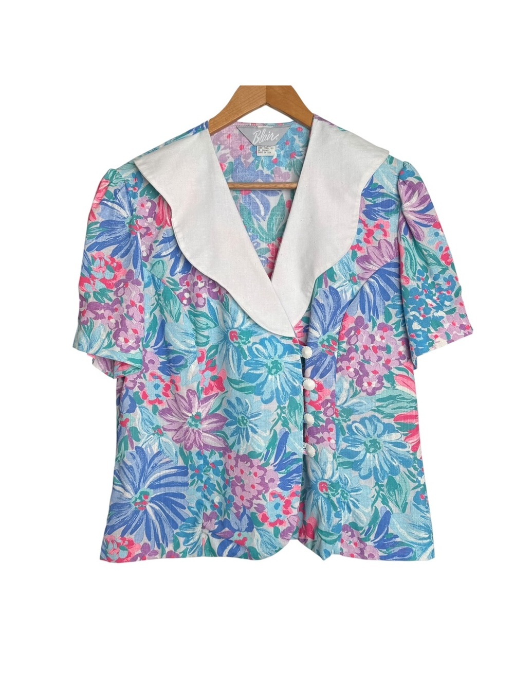 Blair 1980’s Floral Print Blouse Oversized Collar Size 12 Bright Flowers Vintage